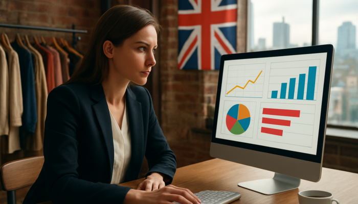 Determined entrepreneur in Manchester boutique analyzes surging Google Analytics graphs with Union Jack background.