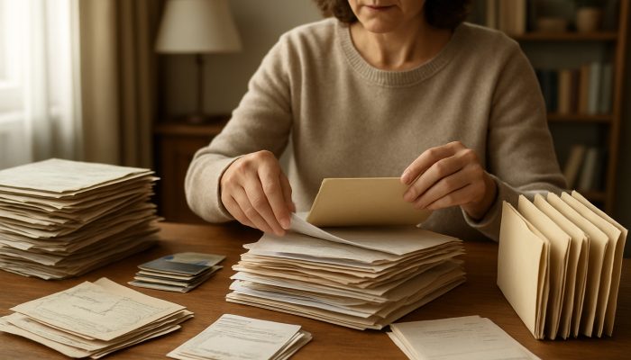 Tidying Old Catalogue and Store Card Debt: Essential Tips | DCL Person sorting old store cards, catalogues, and bills on a cluttered desk for debt organization.