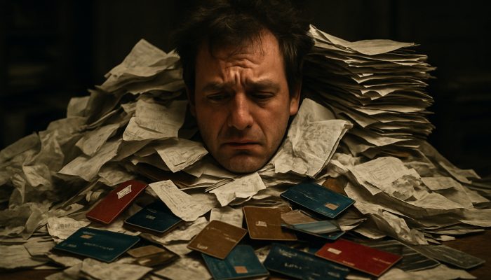 Tidying Old Catalogue and Store Card Debt: Essential Tips | DCL Stressed person buried under vintage credit cards, receipts, and paperwork in cluttered room.