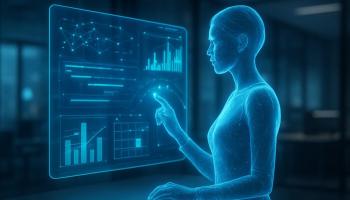 Holographic AI assistant analyzing data streams and suggesting optimized schedules in futuristic office.
