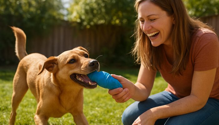 Playful dog tugging treat-dispensing toy with smiling owner in sunny backyard.