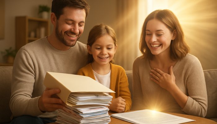 Relieved British family consolidating debt with FCA documents, bills merging into rays of light.
