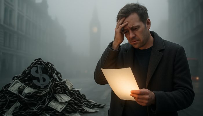 Can You Still Tidy Debts With Bad Credit: Proven Methods | DCL Stressed UK resident in foggy London street transforms chaotic debt pile into glowing consolidation document.