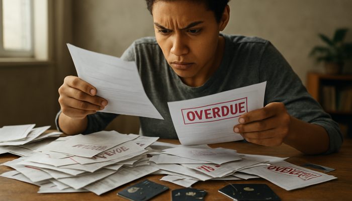 Can You Still Tidy Debts With Bad Credit: Proven Methods | DCL A determined person sorting overdue bills and broken credit cards on a cluttered desk, symbolizing debt management with bad credit.