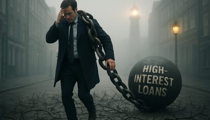 Can You Still Tidy Debts With Bad Credit: Proven Methods | DCL Stressed person in foggy London street, chained by high-interest loans, navigating thorns toward financial advice beacon.