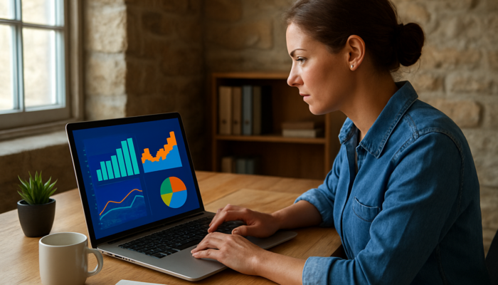 Marketer analyzing Google Analytics dashboard with UK traffic graphs, rising ROI charts, and conversion rates in Coleford office.