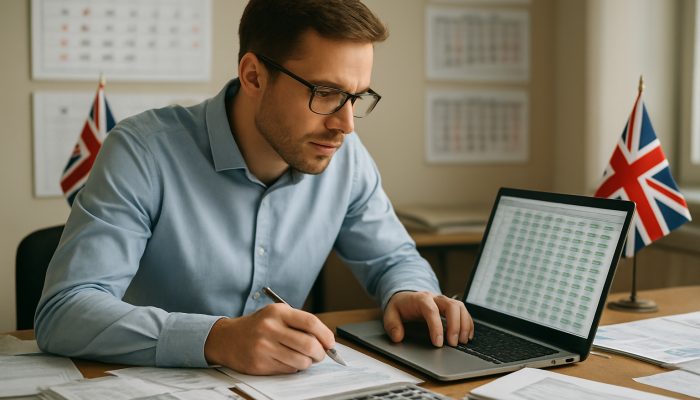 Holiday Balances Sitting on Cards for Years: Maximise Them | DCL Employee reviewing holiday balance spreadsheet at cluttered desk with calendars and UK flags.