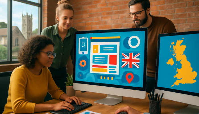 Bustling Bridport office with designers crafting SEO-optimized WordPress sites featuring local UK landmarks.