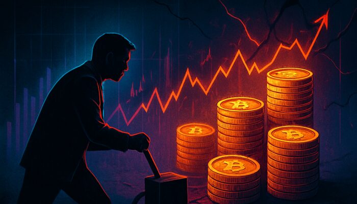 A crypto trader amplifies digital coins into towering stacks on volatile graphs amid risk shadows.