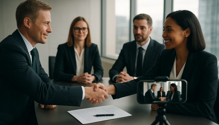 Recording Calls and Agreements in Writing: Essential Tips | DCL UK executives shaking hands over signed contract in sleek office, with smartphone recording discussion.