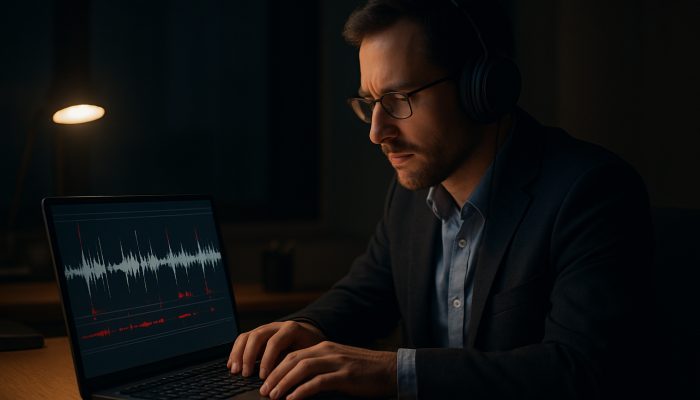 Recording Calls and Agreements in Writing: Essential Tips | DCL Professional editing audio transcription on laptop with waveforms and red marks in dim office.
