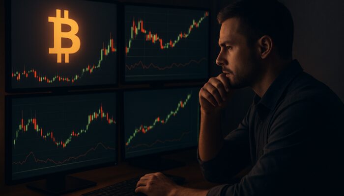 Focused trader analyzing Bitcoin candlestick charts and backtesting graphs on multiple screens.