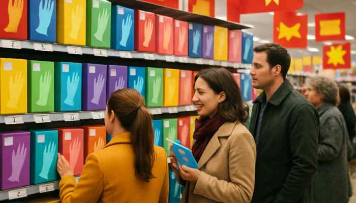 Bustling Lytham St Annes shop with colorful latex gloves boxes, prices £5-£15, and eager shoppers comparing options.