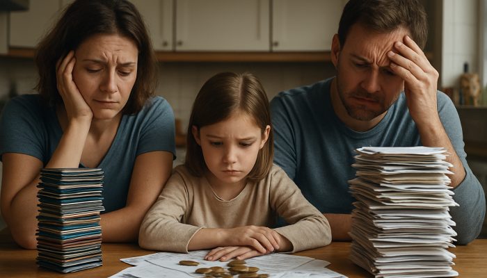 How to Tidy Debt Without a New Loan: Effective Strategies | DCL Stressed UK family overwhelmed by stacks of credit cards, bills, and coins at cluttered kitchen table.