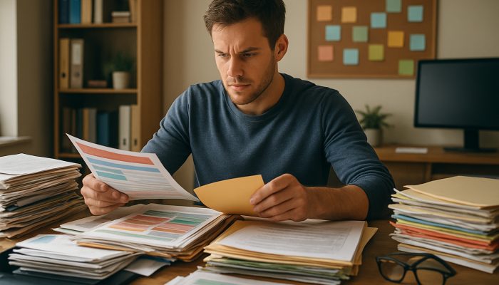 How to Tidy Debt Without a New Loan: Effective Strategies | DCL Determined person sorting colorful bills and documents in cluttered home office for debt management.
