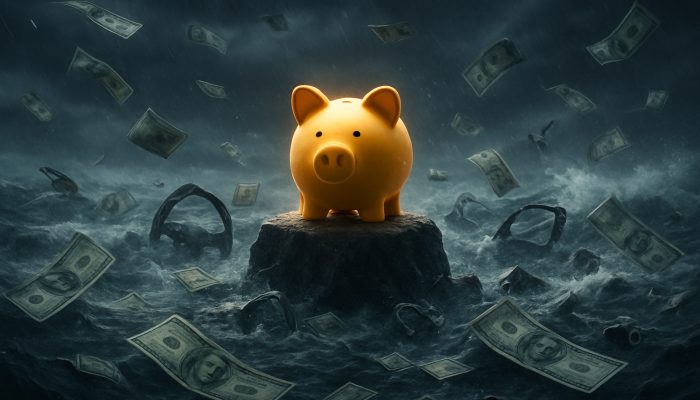 How to Tidy Debt Without a New Loan: Effective Strategies | DCL Glowing piggy bank on rock withstands stormy sea of bills and broken car parts, symbolising emergency fund protection.