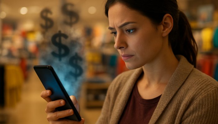 Shopper examining Buy Now Pay Later deals on smartphone, with hidden fees as shadowy dollar signs in retail store.