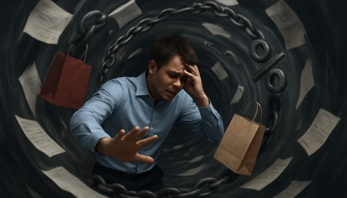 Individual trapped in BNPL debt vortex with unpaid bills, shopping bags, and interest chains.