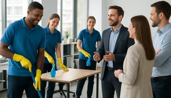 Smiling janitorial team cleans modern office while manager discusses feedback with clients.