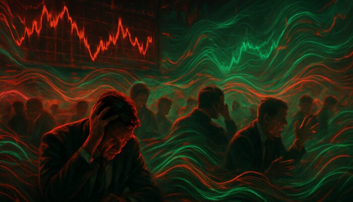 Chaotic trading floor at night: traders analyze volatile stock charts amid flashing lights and digital waves.