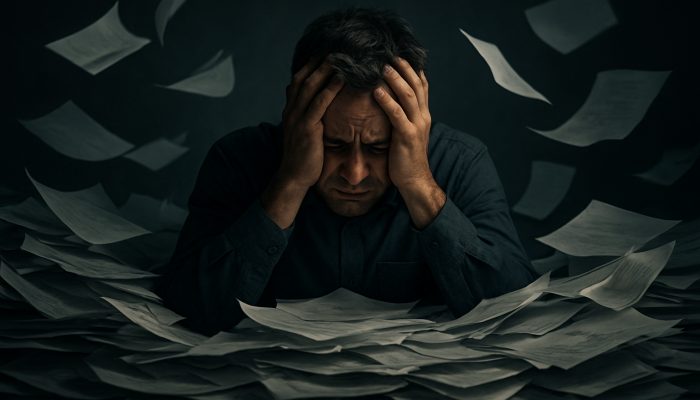Remembering Why You Merged Debts Once: Helpful UK Advice | DCL Overwhelmed person buried under unpaid bills clutching head in financial despair