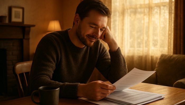 Remembering Why You Merged Debts Once: Helpful UK Advice | DCL Person reviewing merged debt papers in cozy British living room, showing quiet relief and clarity.