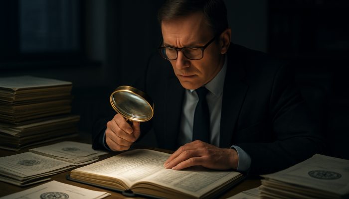 checking your file after accounts close: Essential Tips | DCL UK accountant reviewing Companies House and HMRC financial documents with magnifying glass in dim office