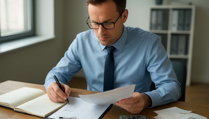 checking your file after accounts close: Essential Tips | DCL Accountant cross-referencing ledgers with invoices and receipts using checklist on wooden desk in modern office