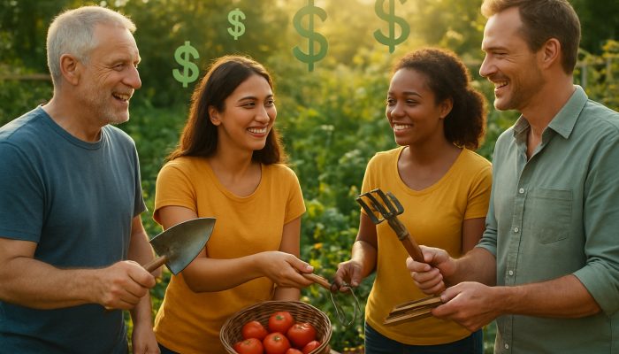Community Help That Can Free Budget Space: Smart Strategies | DCL Neighbours sharing tools and harvests in sunny community garden to save money with smart strategies.