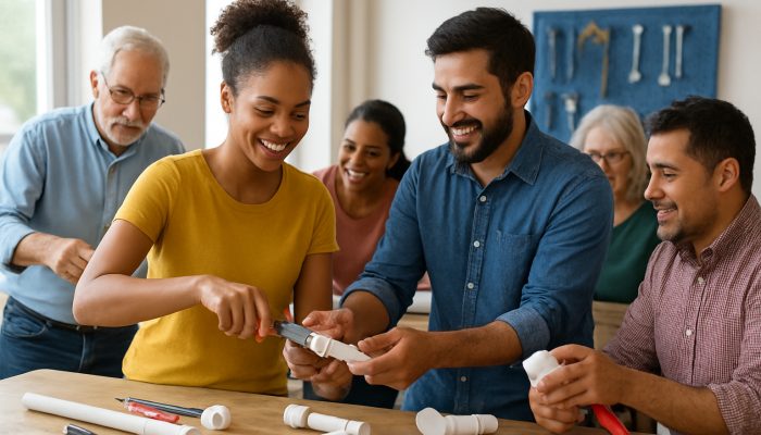 Community Help That Can Free Budget Space: Smart Strategies | DCL Diverse neighbours learning basic plumbing repairs hands-on in a vibrant community workshop.