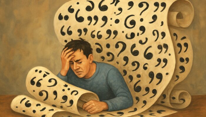 Frustrated reader overwhelmed by scroll overflowing with irrelevant quotes and quotation marks