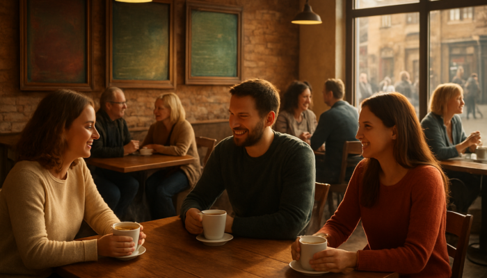 Bustling South Petherton café with happy locals enjoying steaming coffees after targeted social media ads