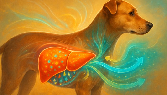 Vibrant anatomical illustration of a healthy dog's liver processing nutrients and enhancing immunity.