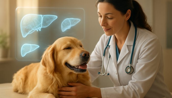 Vet examining a relaxed golden retriever with holographic liver scans in a sunlit clinic illustration