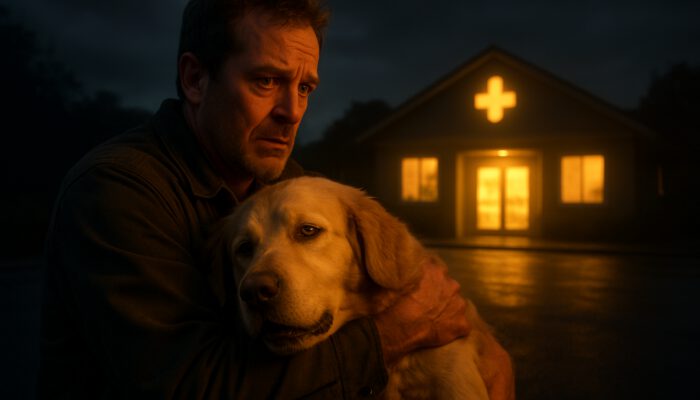 Owner rushing a lethargic golden retriever with jaundice to a glowing veterinary clinic at dusk