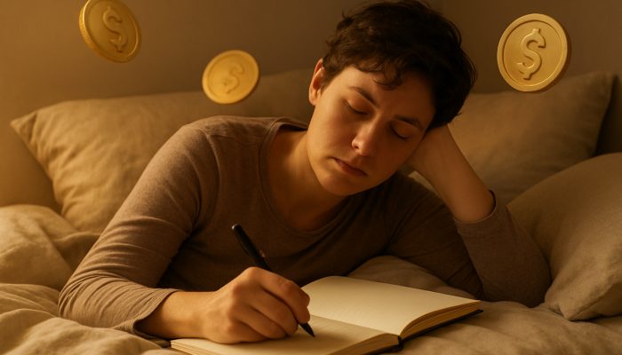 Building Gentle Repayment Plans While Unwell: Guidance | DCL Weary person resting in bed writing gentle debt repayment plan in journal with warm golden light