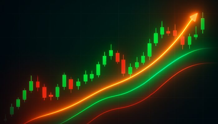 Futuristic candlestick chart with glowing Supertrend line, ATR volatility bands, and green-red trading signals.