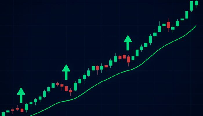 Trading screen with Supertrend line syncing to bullish candlestick chart and precise entry arrows