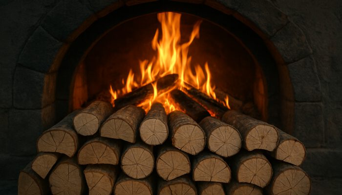 Neatly stacked seasoned firewood fueling efficient low-smoke fire in rustic wood-fired oven at dusk.