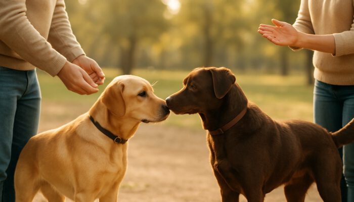 Two calm dogs greeting in sunny park as owners reward relaxed behavior with treats and praise.