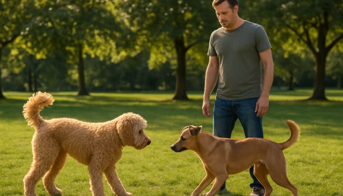 Owner supervises two dogs meeting cautiously in sunny park, noting tense posture.