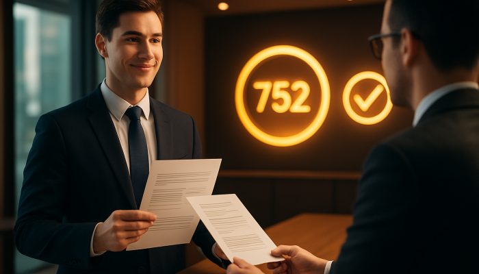 when not to take out another credit line: UK Debt Guide | DCL Young British professional presenting payslips and tax returns for UK credit approval in London bank.