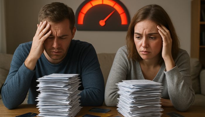 when not to take out another credit line: UK Debt Guide | DCL Stressed UK couple buried under maxed-out credit cards with 90% utilisation meter flashing