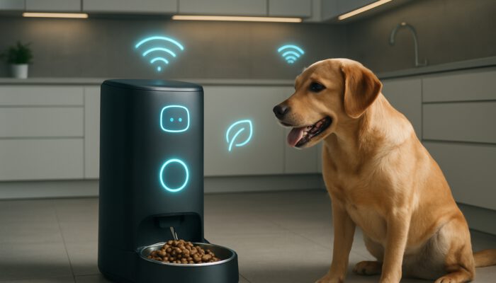 Futuristic smart pet feeder with glowing sensors dispensing food to happy dog in high-tech kitchen.