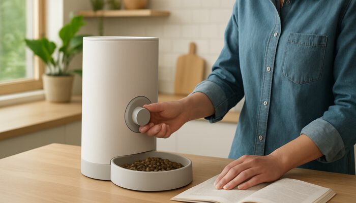 Person calibrating energy-efficient pet feeder portion controls for dog with manual on counter