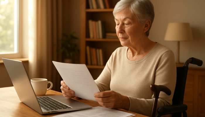 Balancing Health Recovery And Money Stress: Helpful Advice | DCL Serene person with health aids reviews pension charts in sunlit study for financial security