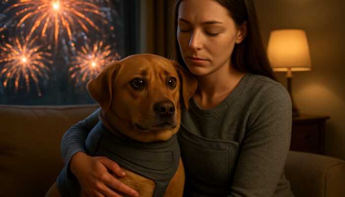 Owner soothing scared dog in thunder shirt during fireworks in cozy room