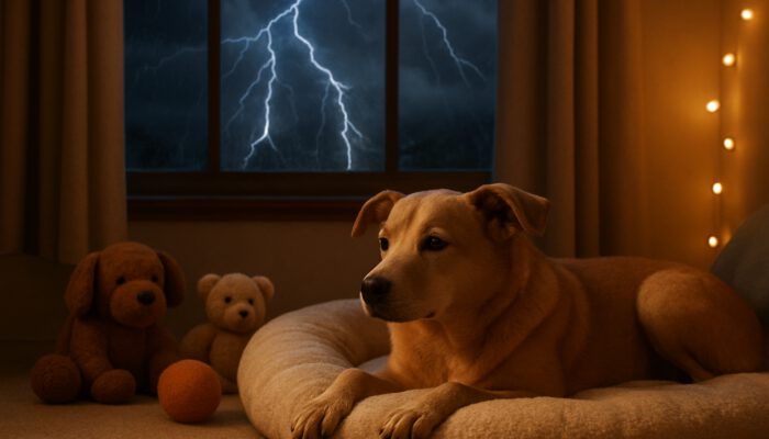 Calm dog on plush bed with toys during thunderstorm, showing multimodal noise phobia therapy.
