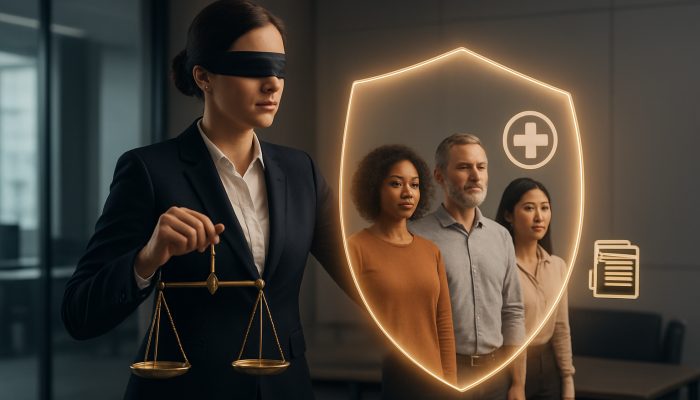 talking to lenders about health issues: Essential Advice | DCL FCA regulator shielding diverse borrowers with glowing barrier and justice scales in office