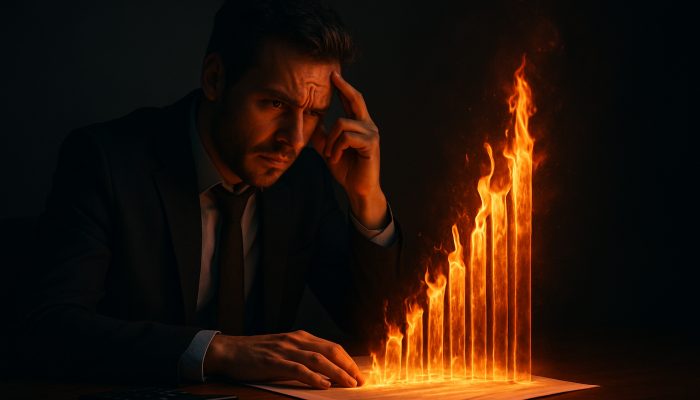 talking to lenders about health issues: Essential Advice | DCL UK borrower at desk as glowing health papers make insurance premiums soar like flames.